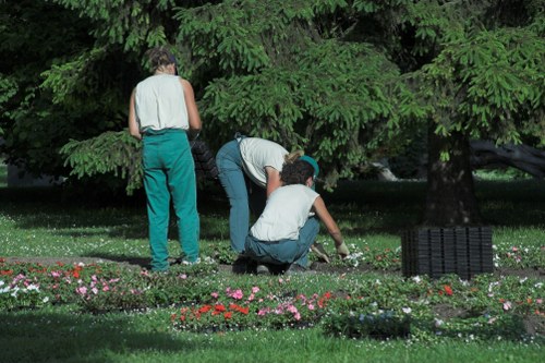 Professional gardeners working on a Forest Hill landscape